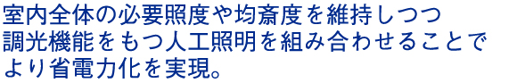 室内全体の必要照度や均斎度を維持しつつ、調光機能をもつ人工照明を組み合うせることでより省電力化を実現。